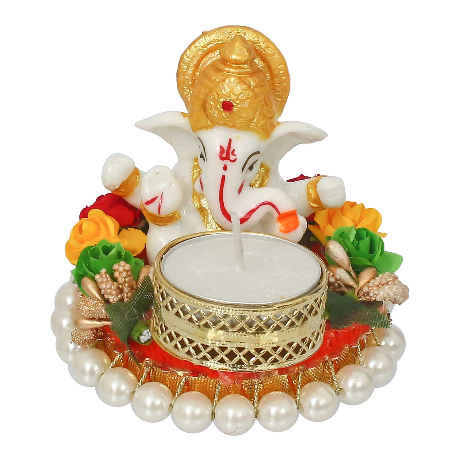 Ecraftindia Resin Lord Ganesha Idol on Decorative Plate Tea Light Holder | Ganesha Statue for Puja Room