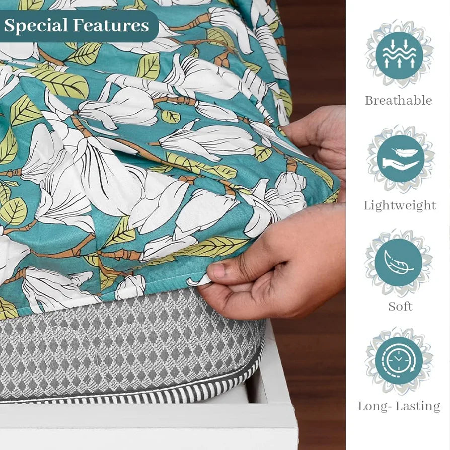 Divine Casa 144 TC Cotton Floral Print King Size Double Bed Elastic Fitted Bedsheet with 2 Pillow Cover Colour Aruba Blue
