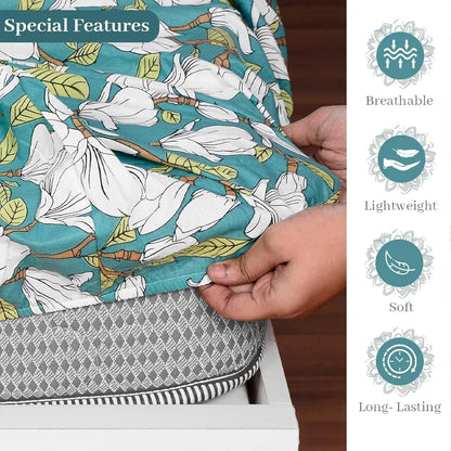 Divine Casa 144 TC Cotton Floral Print King Size Double Bed Elastic Fitted Bedsheet with 2 Pillow Cover Colour Aruba Blue