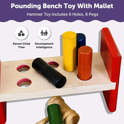 Trinkets & More Pounding Bench 6 Pegs & Toy Hammer for Toddlers Kids 1 Years + Colourful Pound & Play Early Developmental Interactive Hammering 
