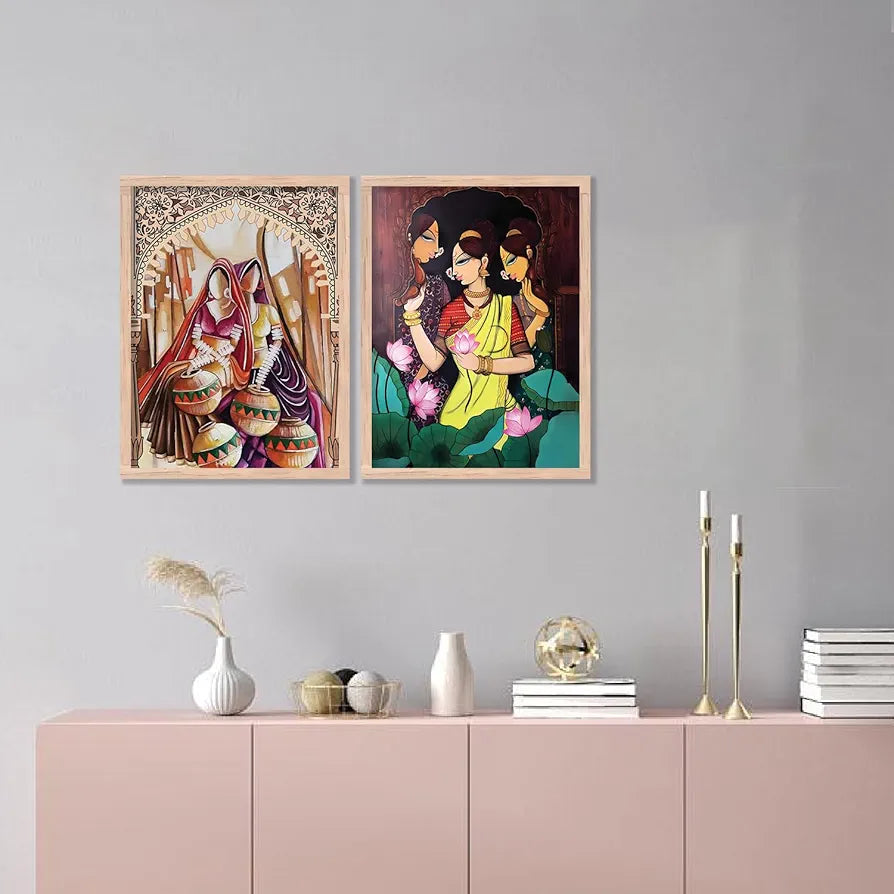 Kotart Traditional Woman Painting with Frame for Home Decoration Madhubani Art Painting Pack of 2 Design04