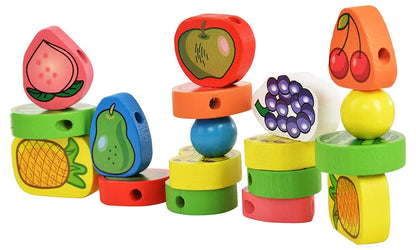 Trinkets & More Wood - 56 Piece Fruit Bead Game Lacing Toy Stringing Beading Game Early Educational Toys Kids 3+ Years, Multi-coloured