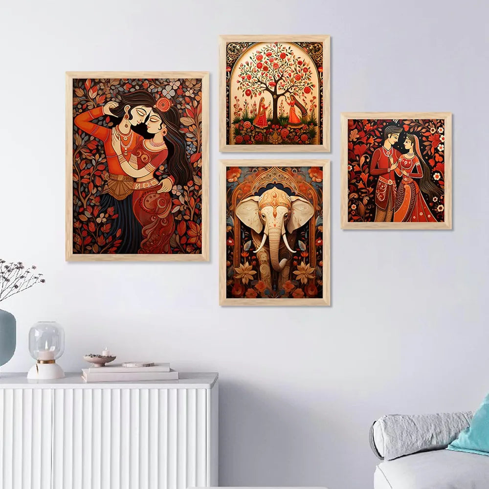 Kotart Traditional Indian Inspired Madhubani Art Paintings with Frame Set of 4 Frames A