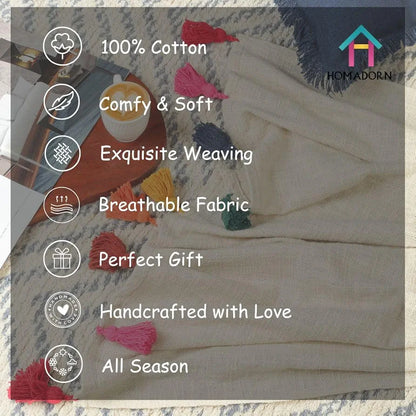Homadorn 100% Cotton Off White Throw 300 TC Blanket with Handmade Colorful Tassel Colour Mustard