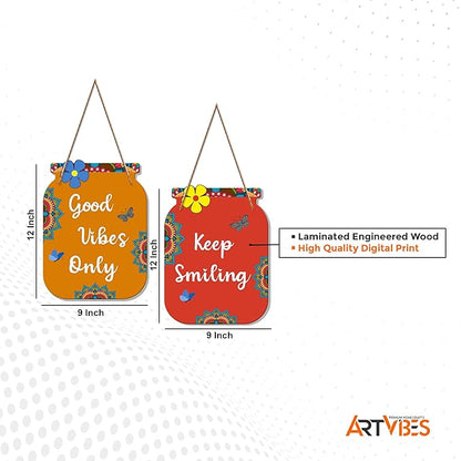 Artvibes Good Vibes Only Quote Decorative Wall Art Mdf Wooden Wall Hanger for Living Room | Set of 2