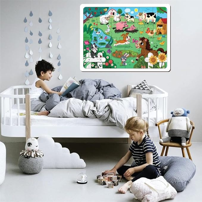 Mini Leaves 24 Pieces Farm Animal Puzzle | Premium Wooden Floor Puzzle for Kids 3+ Year | Puzzle Set With Wooden Box