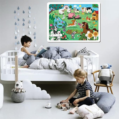 Mini Leaves 24 Pieces Farm Animal Puzzle | Premium Wooden Floor Puzzle for Kids 3+ Year | Puzzle Set With Wooden Box