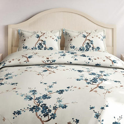 Haus & kinder Cotton Queen Size Bedsheet for Double Bed (90 X 100 Inches) with 2 Pillow Covers | 186 TC Bed Sheet Double Bed Floral Grace (Blue)