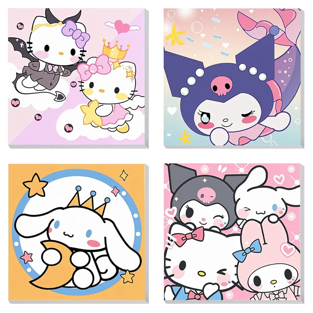 HASTHIP® 4Pcs DIY Oil Painting Paint by Numbers Kits 7.8 Inches Cartoon Sanrio Anime Framed Canvas Oil Set with Brush & Featuring Vibrant Pigments for Kids & Adult Beginners Gifting & Wall Decor