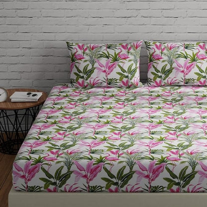 Huesland by Ahmedabad Cotton 144 TC Bedsheet for King Size Bed with 2 Pillow Covers | Flamingos Pink