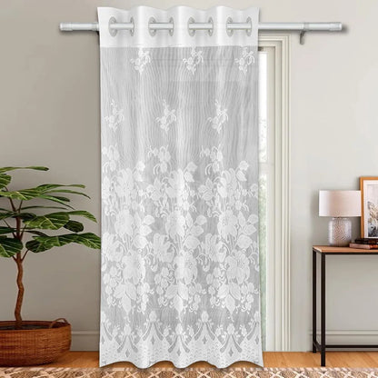 Kuber Industries Cotton Door Curtains with 8 Rings Net Frill Door Curtain SY27 White Colour