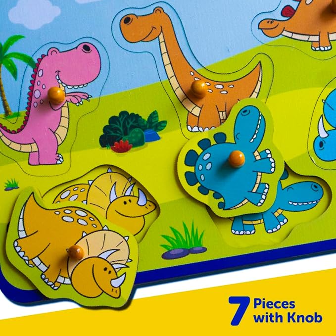 Mini Leaves Stomping Dinos Wooden Knob and Pegged Puzzle for 2+ Years Kids | Montessori Wooden Toys | Shape Sorter