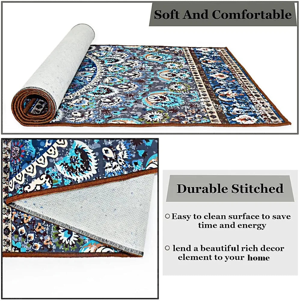 Ishro Home 3d Printed Bedside Runner Carpet Anti Skid For Home Kitchen Colour Geometrical Blue