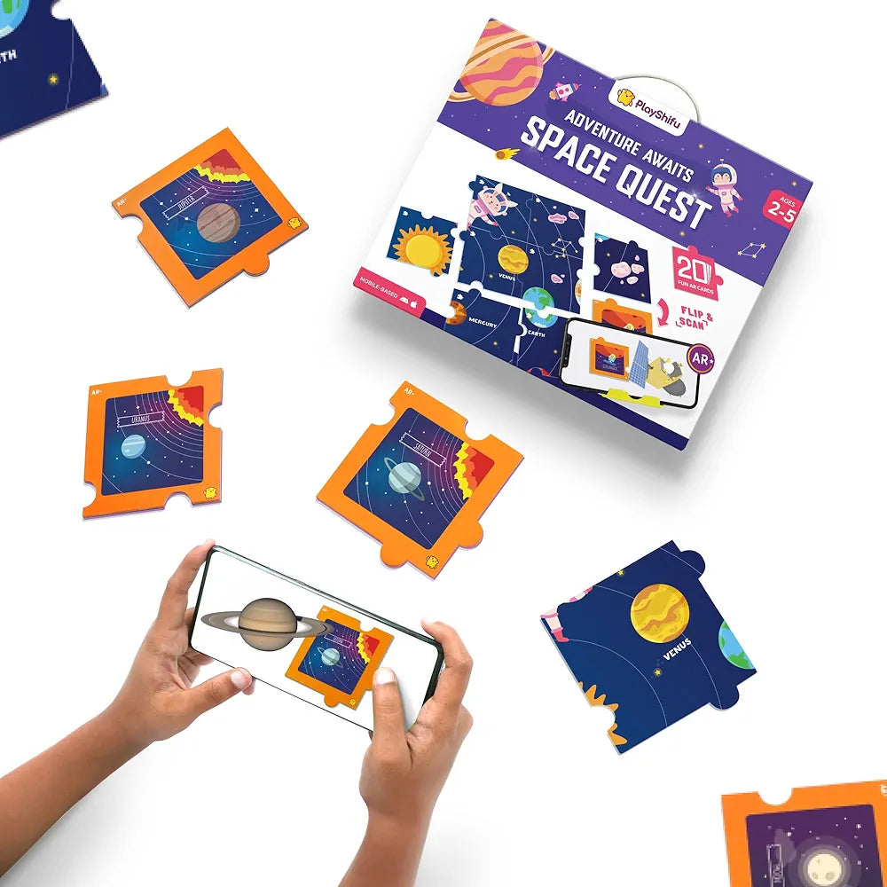 Playshifu 20 Space Flashcards with Space Quest for Kids - Boost General Knowledge, Builds Vocabulary with 4D Educational AR-Powered STEM Fun Learning, Interactive Game 