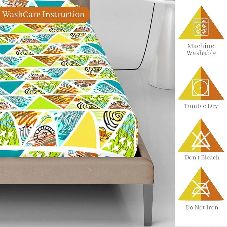 Divine Casa 144 TC Cotton Geometric Print King Size Double Bed Elastic Fitted Bedsheet with 2 Pillow Cover Colour Lime Punch