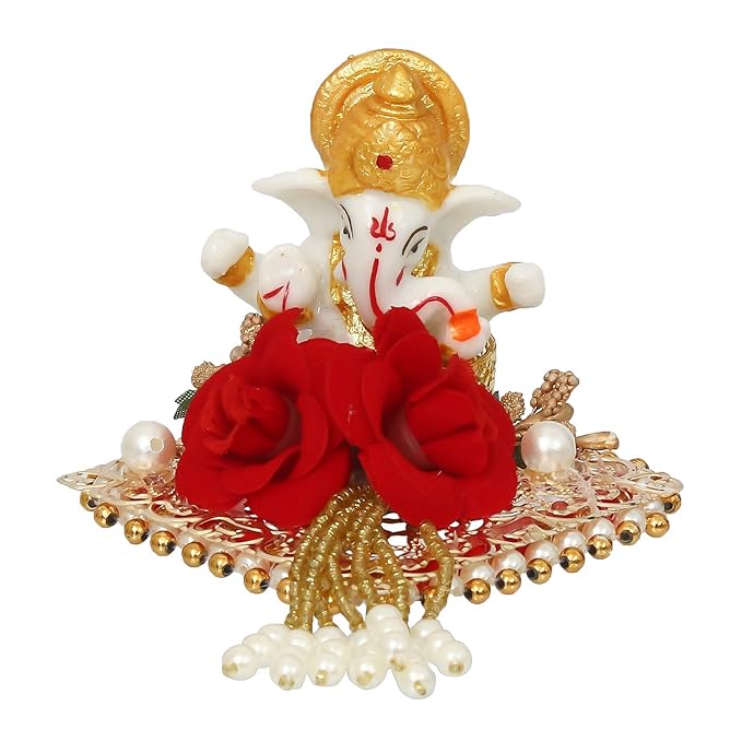 Ecraftindia Resin Lord Ganesha Idol on Decorative Plate | Ganesha Idol for Home Decor Car Dashboard