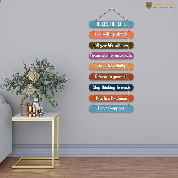 Artvibes Rules for Life Quotes Printed Mdf Wooden Wall Hanging | Modern Wall Decorative Accessories for Home Decoration