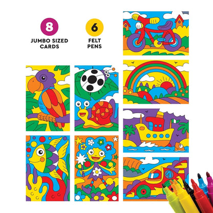 TOYSBOX Colour by Numbers Art Kit, 8 Jumbo Design Printed Cards with 6 Felt Pens, Educational Learning Kit for Kids Ages 3+ Years