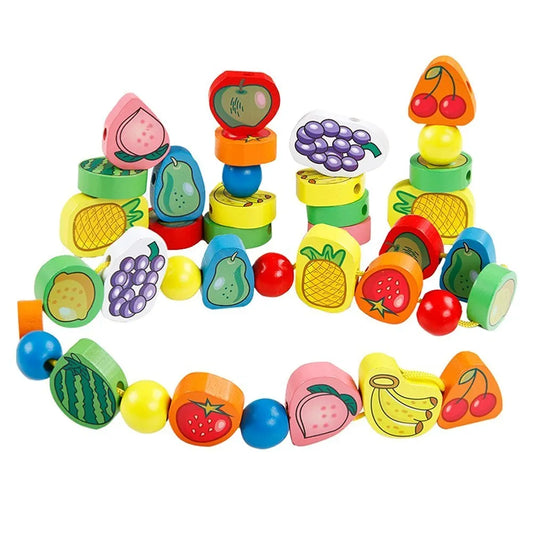 Trinkets & More Wood - 56 Piece Fruit Bead Game Lacing Toy Stringing Beading Game Early Educational Toys Kids 3+ Years, Multi-coloured