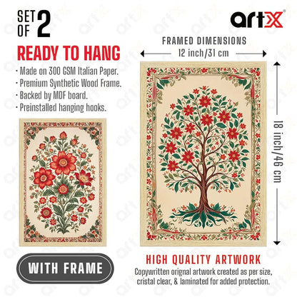 ArtX Paper Floral Art Paintings Flowers - 04 with Frame Multicolor Natural Wood Color Set of 2