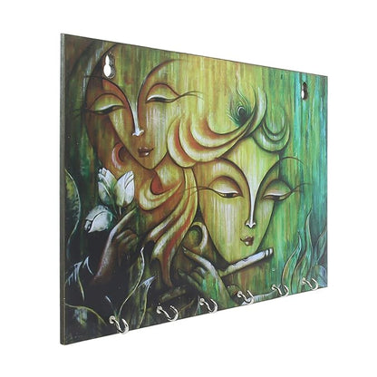 Ecraftindia Radhe Krishna Theme Wooden Key Holder With 6 Hooks