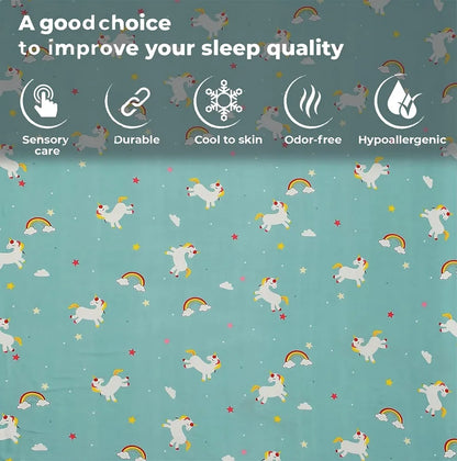 Fresh From Loom Elastic Printed Fitted Single Bed Bedsheet For Kids With One Pillow Cover Unicorn Small Single Blue 300 TC Teal