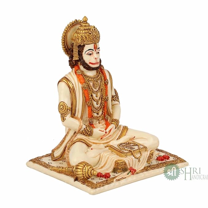 Indicast Resin 8" Inch Hanuman Ji Sitting Statue Fine Gold Painting Idol Gift Article Decorative Showpiece Handcrafted Balaji Murti