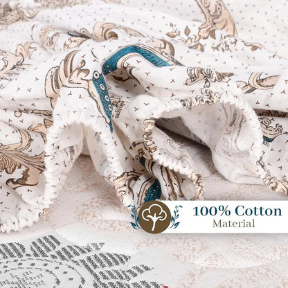 Divine Casa White and Grey Floral Pattern 144 TC 100% Cotton Elastic Fitted Printed Queen Size Double Bed Bedsheet with 2 Pillow Cover Colour Tiger's Eye