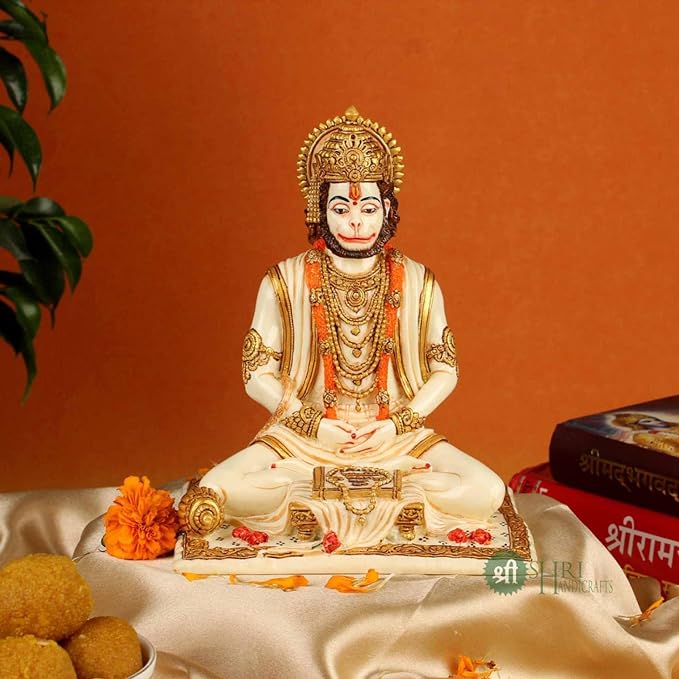 Indicast Resin 8" Inch Hanuman Ji Sitting Statue Fine Gold Painting Idol Gift Article Decorative Showpiece Handcrafted Balaji Murti
