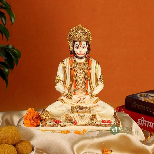 Indicast Resin 8" Inch Hanuman Ji Sitting Statue Fine Gold Painting Idol Gift Article Decorative Showpiece Handcrafted Balaji Murti