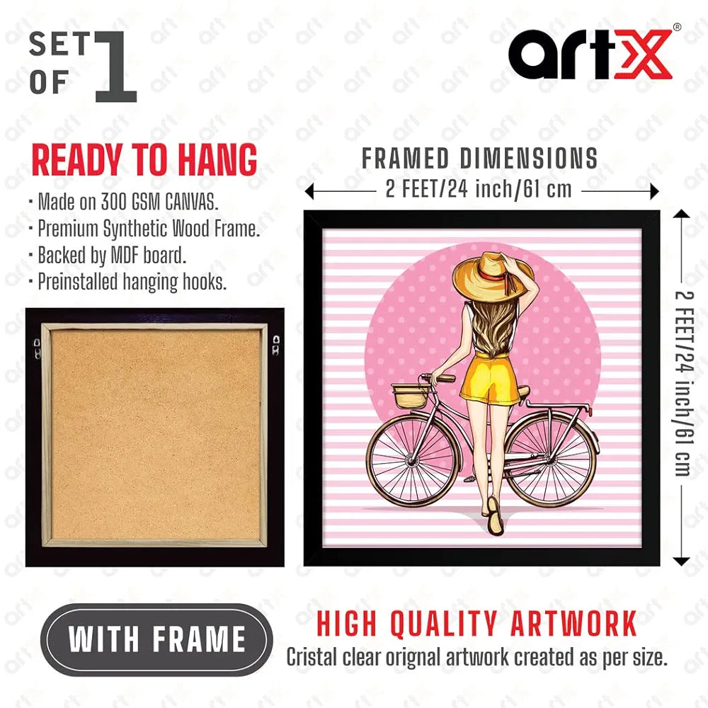 ArtX Woman Cycle Pink Background Pop Art Big Canvas Painting