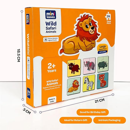 Mini Leaves 4 Piece Wooden Puzzle for Kids | Set of 6 Wild Animals Jigsaw Puzzle | Educational Puzzle Game With Wooden Box