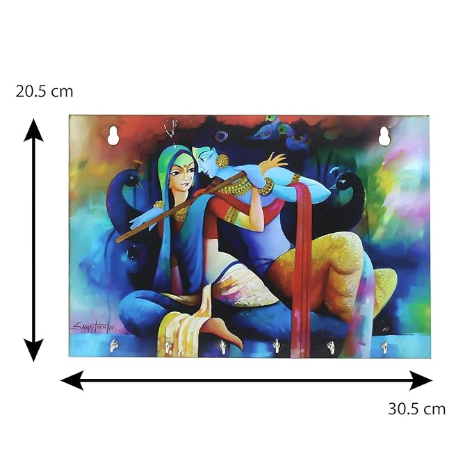 Ecraftindia Radhe Krishna Theme Wooden Key Holder With 6 Hooks