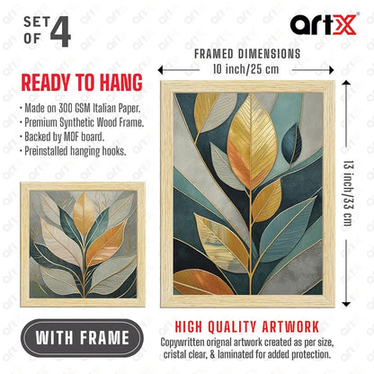 ArtX Paper Golden Leaves Botanical Art Paintings With Frame Set of 4