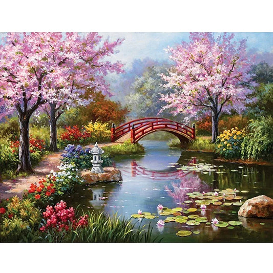 HASTHIP DIY 5D Diamond Painting by Number Kits Full Drill Rhinestone Embroidery Cross Stitch Pictures Arts Craft for Home Wall Decor,Peach Blossom Bridge-11.8x15.8In 