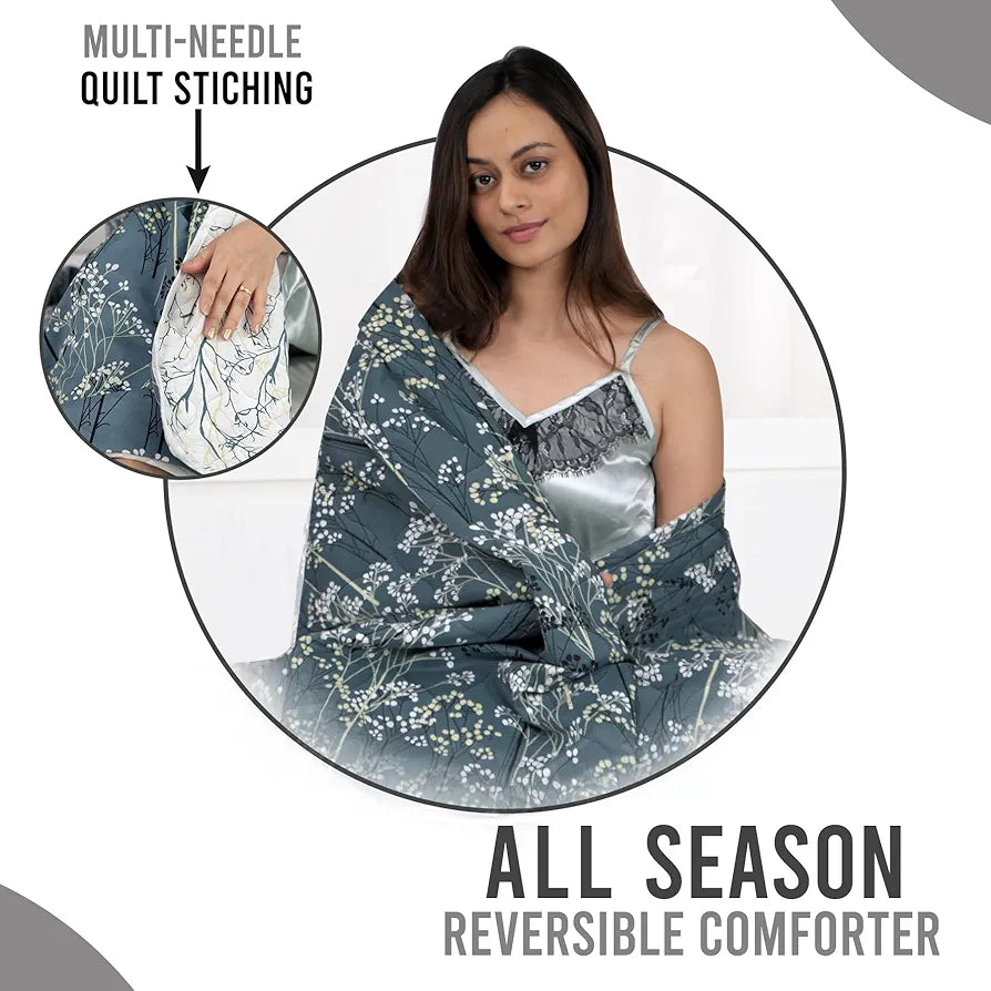Divine Casa Microfibre All Weather Lightweight 120 GSM Printed Reversible Single Bed Quilt Comforter Blanket TC - 120 Colour Light Grey and White