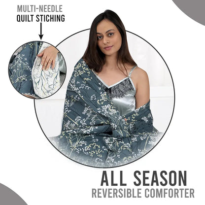 Divine Casa Microfibre All Weather Lightweight 120 GSM Printed Reversible Single Bed Quilt Comforter Blanket TC - 120 Colour Light Grey and White