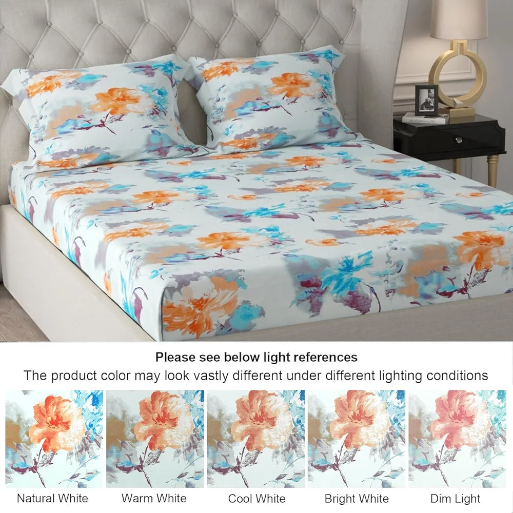 Cloth Fusion Glace Cotton Elastic Fitted Bedsheet for Double Bed King Size with 2 Pillow Covers Tropical Watercolor