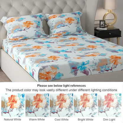 Cloth Fusion Glace Cotton Elastic Fitted Bedsheet for Double Bed King Size with 2 Pillow Covers Tropical Watercolor