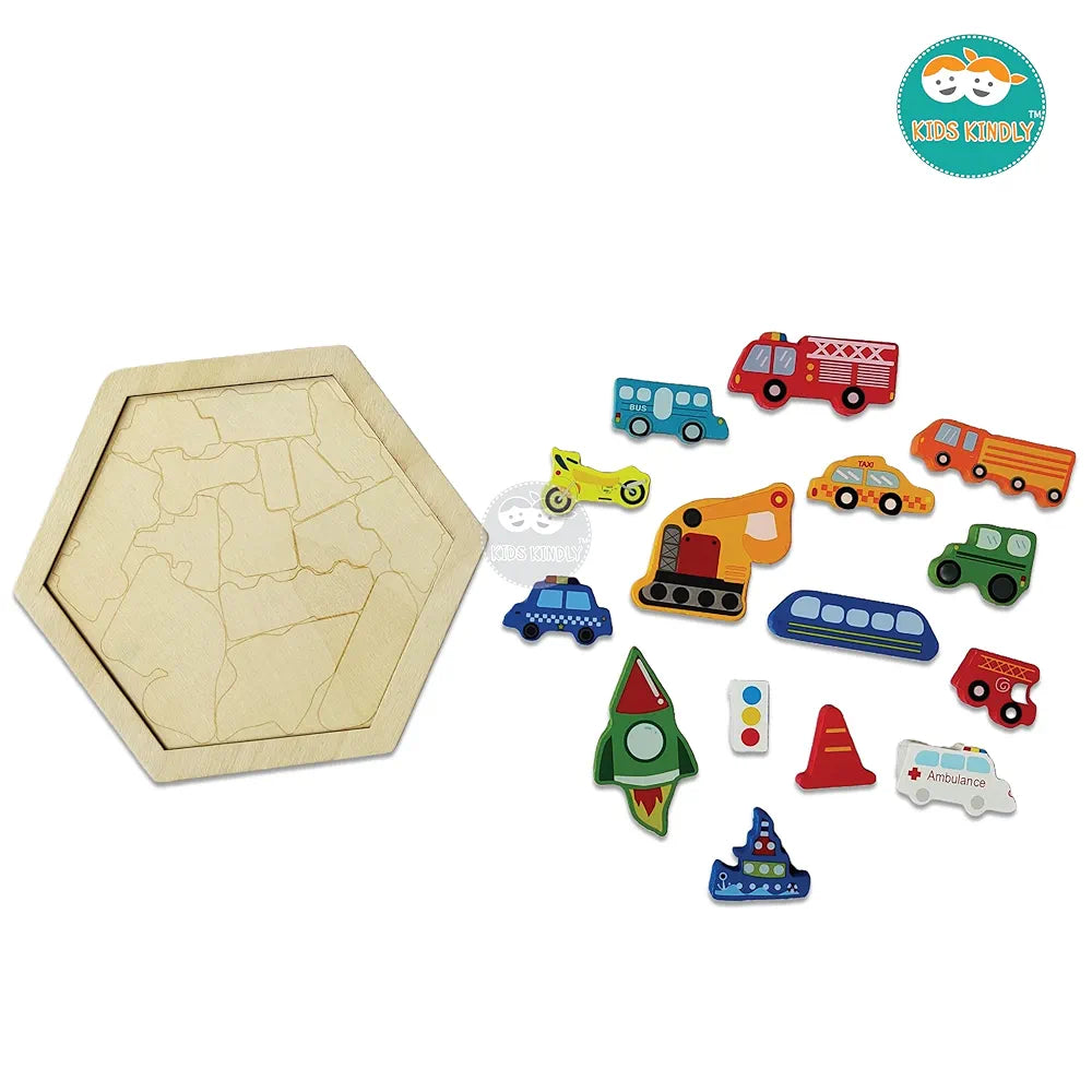 KIDS KINDLY Wooden Stacking & Sorting Puzzle – Vehicles/Transport Theme, Monteszori Toys, Jigsaw Puzzles, Wooden Toys for Kids, Age 3+