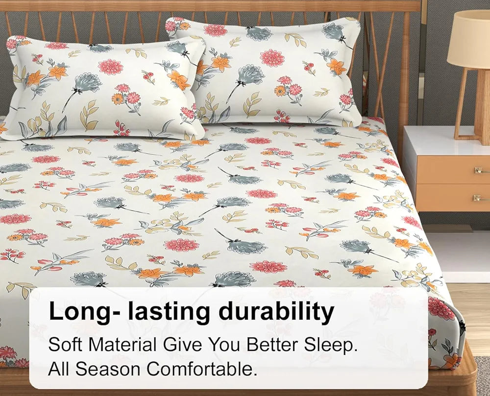 Fresh From Loom Floral Print 240 TC Microfiber King Size Fitted Bedsheet Set with 2 Pillow Covers Pastel Cream
