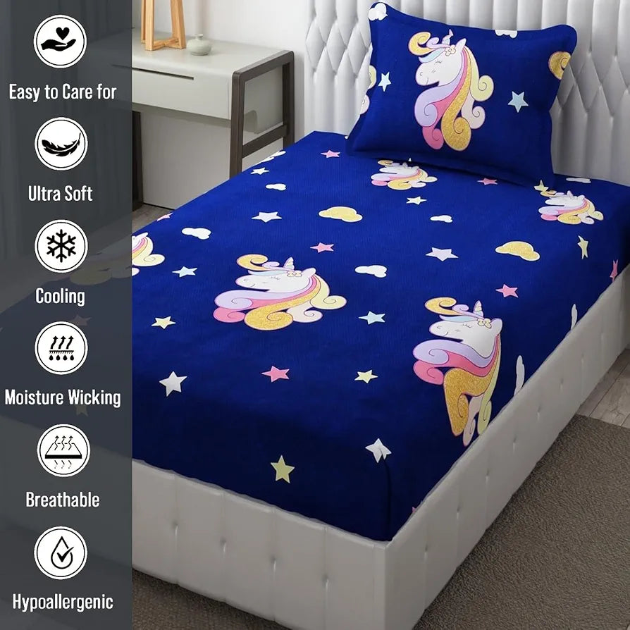 Fresh From Loom Glace Cotton Bed Sheet Cartoon Printed Single Bedsheet Size for Kids with 2 Pillow Cover 144 TC Dinosaur Blue