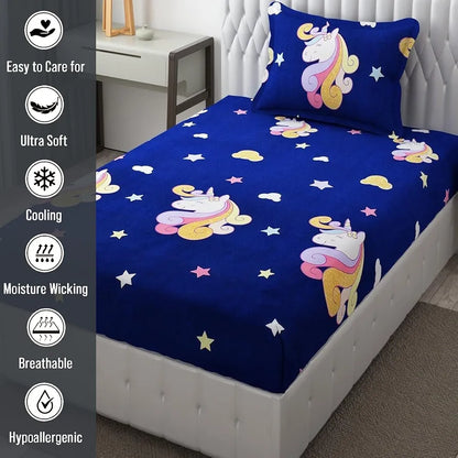 Fresh From Loom Glace Cotton Bed Sheet Cartoon Printed Single Bedsheet Size for Kids with 2 Pillow Cover 144 TC Dinosaur Blue