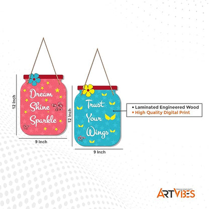 Artvibes Dream Shine Sparkle Quote Decorative Art Mdf Wooden Hanger for Living Room | Set of 2