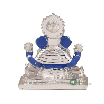 Indicast Lord Ganesha Idol Silver Plated Murti for Good Luck & Success Figurine for Office Home Decor & Gifts | Blue