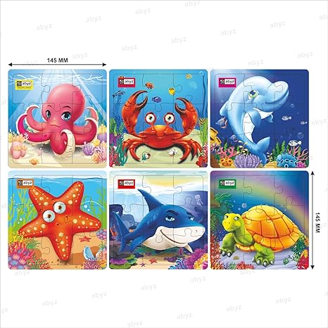 ABYZ Wooden Underwater Animal Jigsaw Games for Kids & Children Paperless Puzzle 9 Pieces (Set of 6)