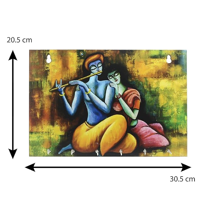 Ecraftindia Radhe Krishna Theme Wooden Key Holder With 6 Hooks