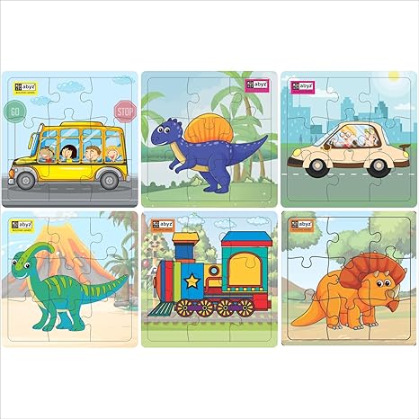 ABYZ Wooden Dinosaur and Transport (Dinosaur+Bus+Train+Car) for Kids & Children Paperless Puzzle Set of 6