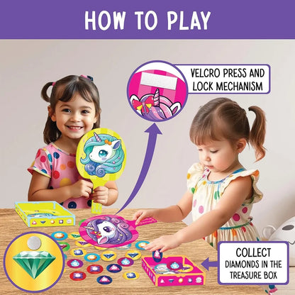 SparkLPlay Unicorn Treasure Game for Girls Ages 3–5 | Fine Motor Skill Toy with 2 Bats, 30 Diamond Coins & 2 Treasure Boxes | Educational Birthday Gift for Toddlers
