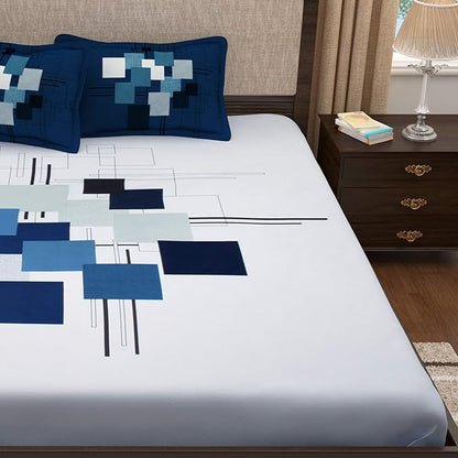 Story@Home Bedsheet for Double Bed Cotton White & Blue 2 Pillow Covers White & Blue Colours